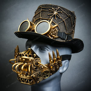 Gold Halloween Spider Web Top Hat w/ Gold Robot Mask & Spike Goggles Costume